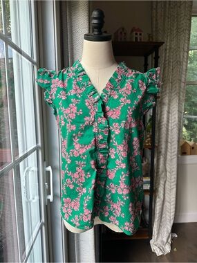 J. Crew Green Floral Ruffle Sleeve Blouse